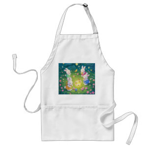 Easter cartoon bunnies hiding eggs in a garden standard apron