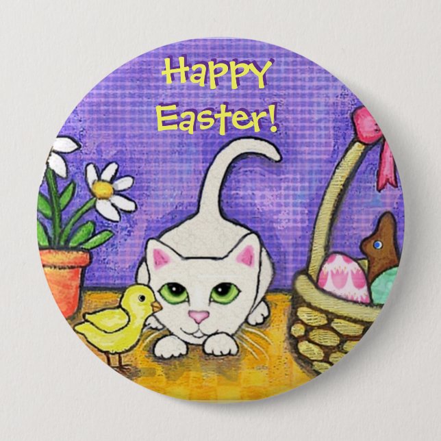 Easter Cat & Chick Greeting Button (Front)