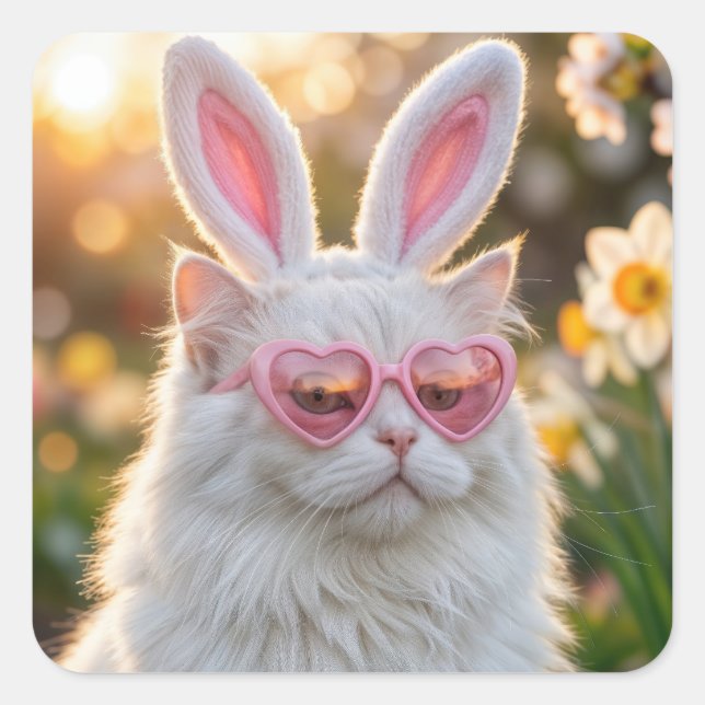 Easter Cat with Bunny Ears Square Sticker (Front)