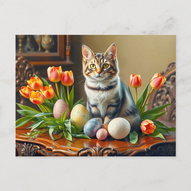 Easter Cat with Eggs and Tulips Postcard (Front)