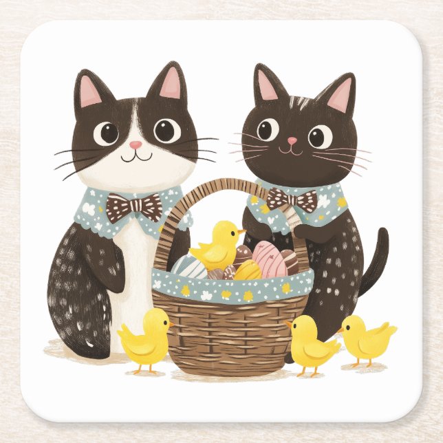 Easter Cats Easter Basket Baby Chicks Square Paper Coaster (Front)