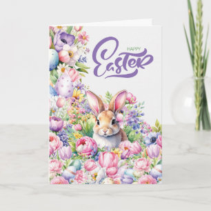 Easter Cheerful Bunny Rabbit in Spring Flowers Holiday Card