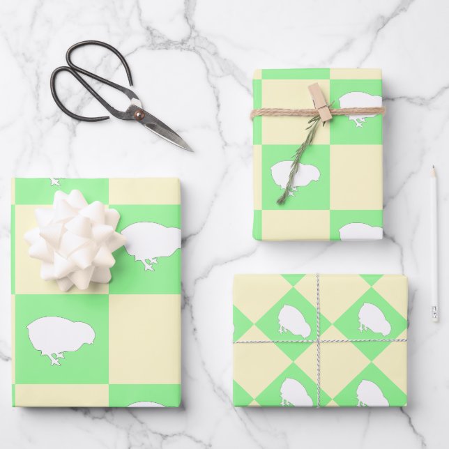 Easter Chequerboard Pattern with White Chick Motif Wrapping Paper Sheet (Front)