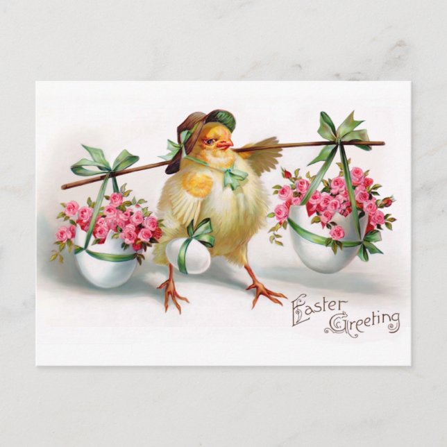 Easter Chick and Flowers Holiday Postcard (Front)
