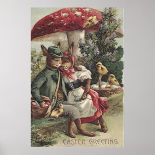 Easter Chick Bunny Couple Coloured Egg Mushroom Poster