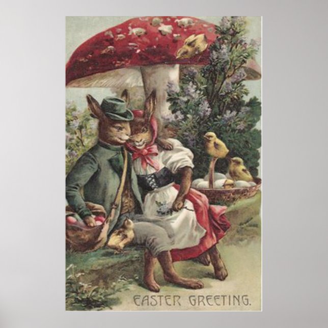 Easter Chick Bunny Couple Coloured Egg Mushroom Poster (Front)