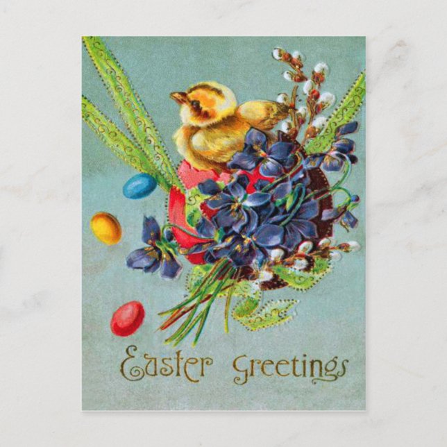 Easter Chick Coloured Egg Purple Iris Holiday Postcard (Front)