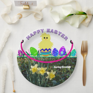 Easter Chick Egg Yellow Daffodils Paper Plate