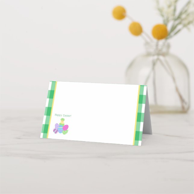 EASTER Chick Eggs and bold green check  Place Card (Front)
