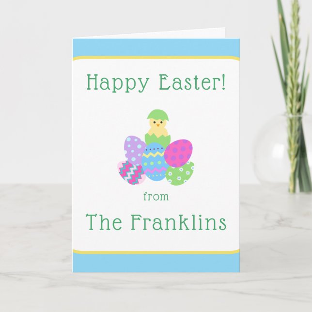EASTER Chick Eggs and Bright Blue Greeting NAME Holiday Card (Front)