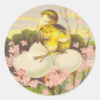 Easter - Chick & Eggs Up a Tree - Antique Postcard Classic Round Sticker