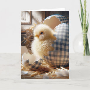 Easter Chick Hatching from a Gingham Egg Holiday Card