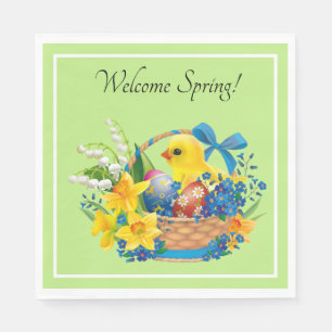 Easter Chick in a Basket of Flowers Party Napkin