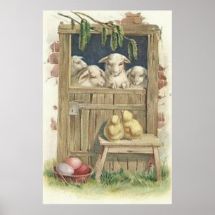 Easter Chick Lamb Barn Coloured Painted Egg Poster