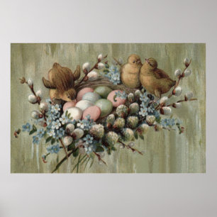 Easter Chick Nest Coloured Egg Forget-Me-Nots Poster