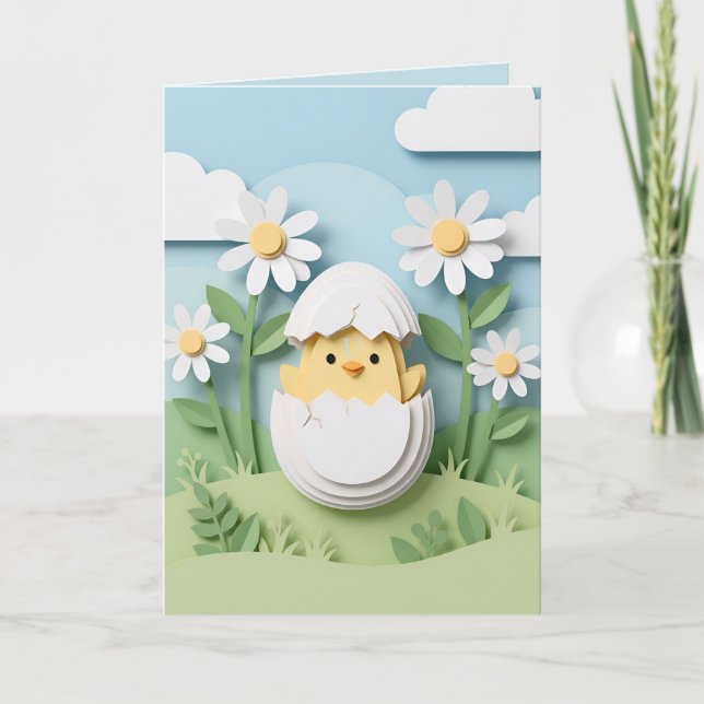 Easter Chick Papercraft Daisy Flowers Spring Holiday Card (Front)