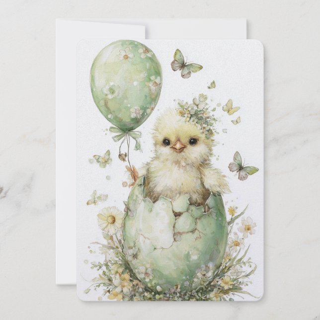 Easter Chick Spring Floral Butterflies Watercolor Holiday Card (Front)