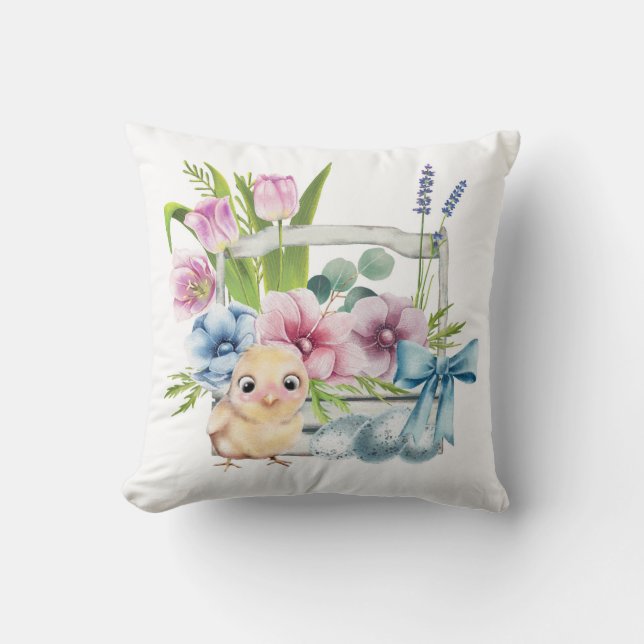 Easter Chick Spring Flowers Eggs Blue Bow Holidays Cushion (Front)