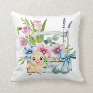 Easter Chick Spring Flowers Eggs Blue Bow Holidays Cushion