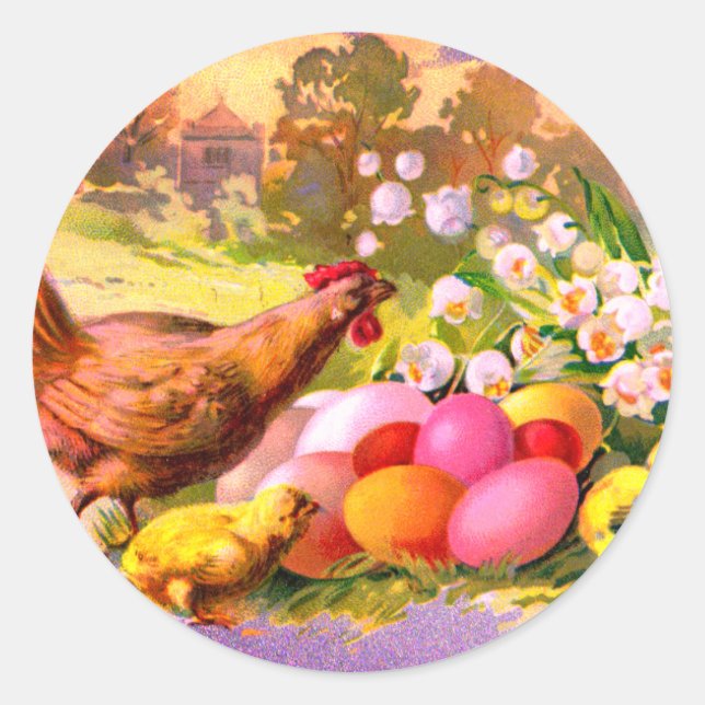 EASTER CHICK WITH  COLORED EGGS ROUND STICKER (Front)