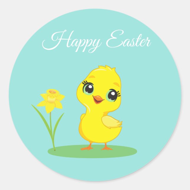 Easter Chick with Flower on Teal Classic Round Sticker (Front)