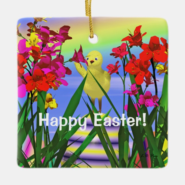 Easter Chicken and Flowers Ceramic Ornament (Front)