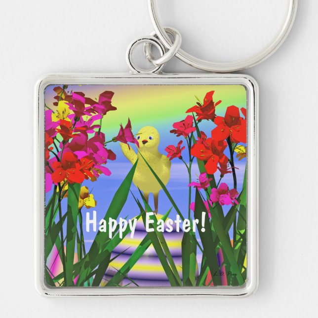 Easter Chicken and Flowers Key Ring (Front)