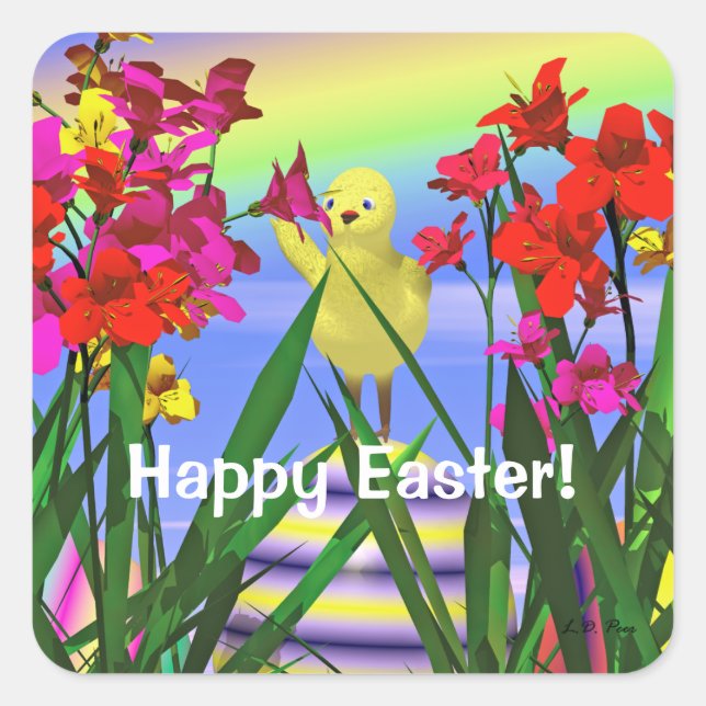 Easter Chicken and Flowers Square Sticker (Front)