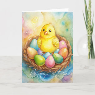Easter chicken in a nest with eggs Illustration Holiday Card