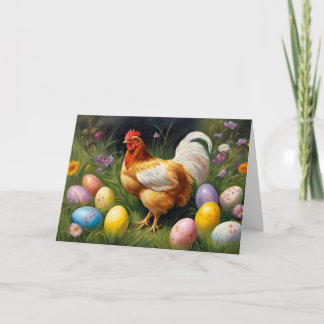 Easter Chicken in the Flower Garden & Easter Eggs  Holiday Card