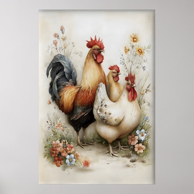 Easter Chicken Rooster Flowers Printable, Vintage Poster (Front)