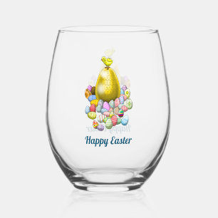 Easter Chicken with Colourful Eggs Stemless Wine Glass