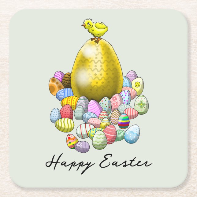 Easter Chicken's Easter Eggs Square Paper Coaster (Front)