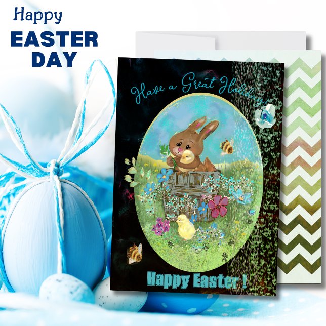 Easter Chicks and Bunny Black Flat Holiday Card (Easter Chicks and Bunny Black Flat Holiday Card)