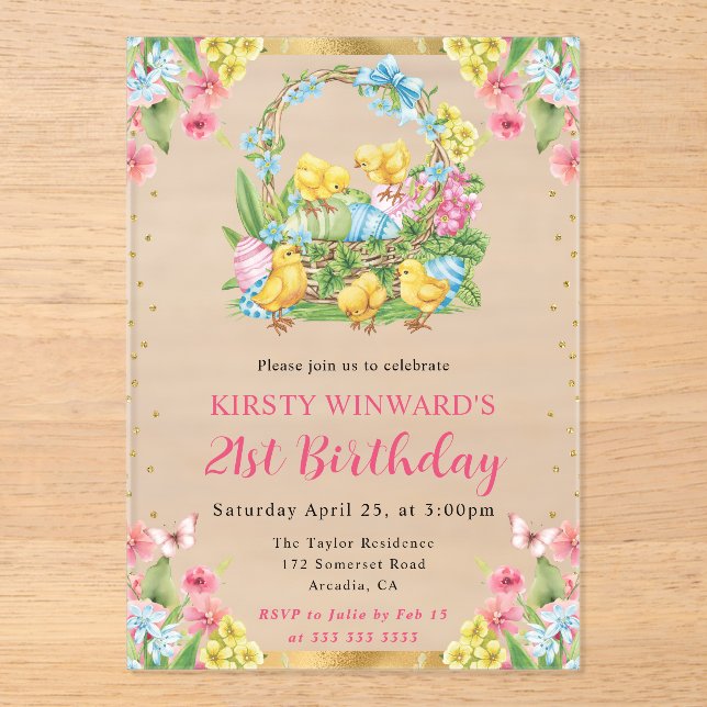 Easter Chicks and Eggs Spring 21st Birthday Acrylic Invitations (Front)