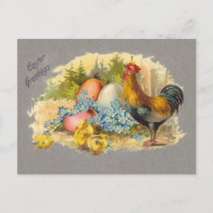 Easter - Chicks, Eggs & Rooster - Antique Postcard