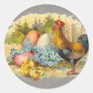 Easter - Chicks, Eggs & Rooster - Antique Postcard Classic Round Sticker