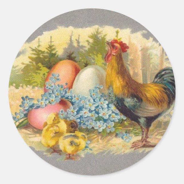 Easter - Chicks, Eggs & Rooster - Antique Postcard Classic Round Sticker (Front)