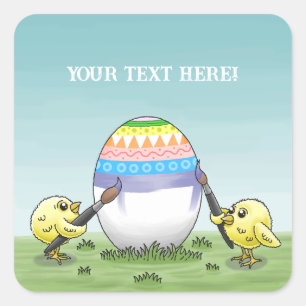 Easter chicks paint the Easter egg Square Sticker