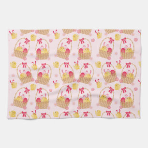 Easter Chicks Pattern Pink Tea Towel