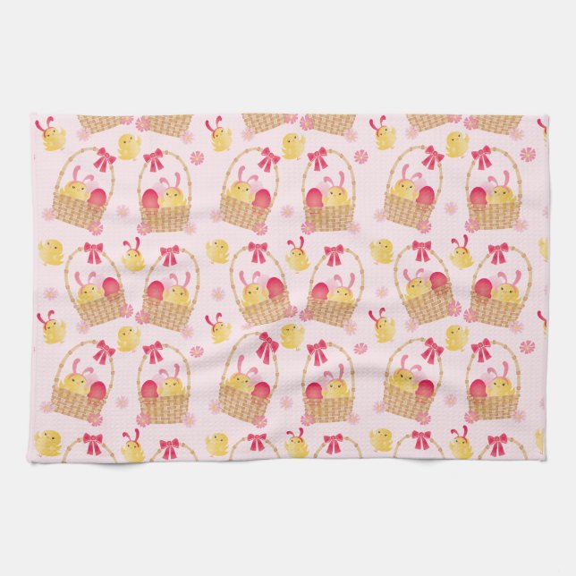 Easter Chicks Pattern Pink Tea Towel (Horizontal)