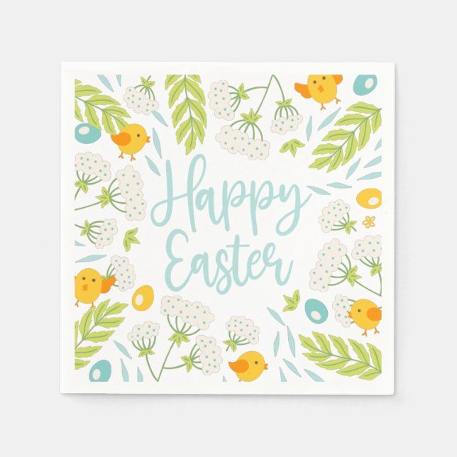Easter Chicks Spring Floral Foliage  Napkin (Front)
