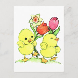 Easter Chicks With Flowers Holiday Postcard