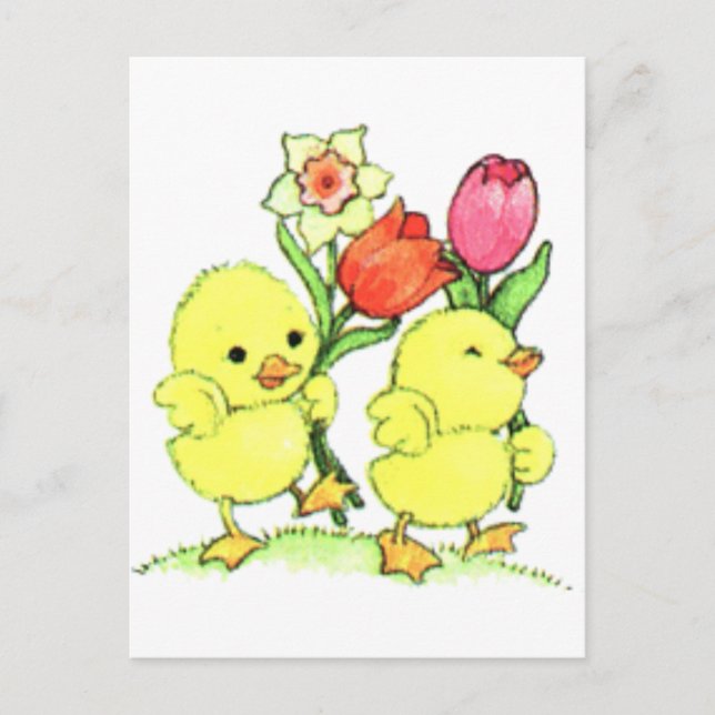 Easter Chicks With Flowers Holiday Postcard (Front)