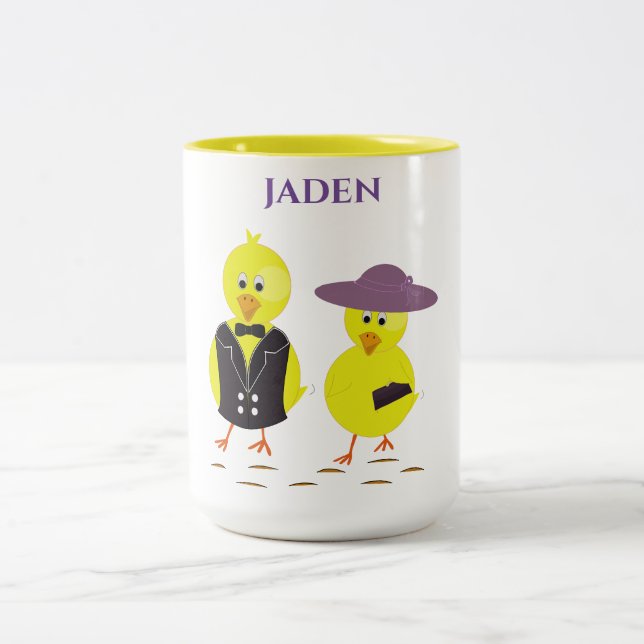Easter chicks with personalised name. Two-Tone coffee mug (Center)