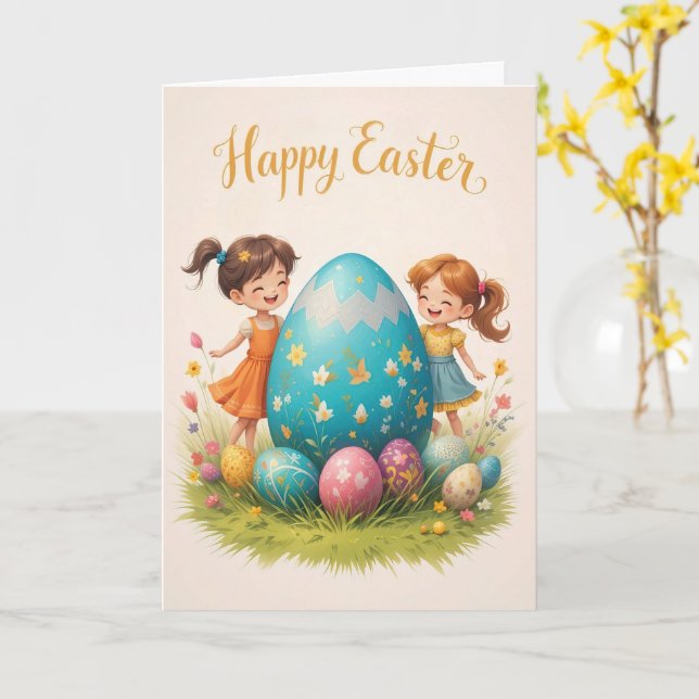 Easter Children and Colourful Egg Greeting  Card (Yellow Flower)