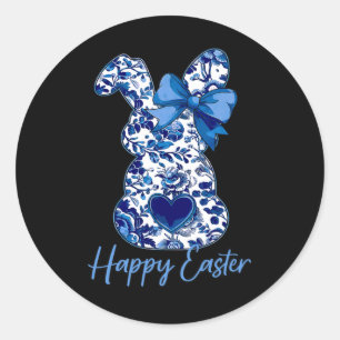 Easter Chinoiserie Floral Bunny With Cute Blue Bow Classic Round Sticker