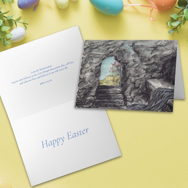 Easter Christian Resurrection Empty Tomb Painting  Card (Easter christian resurrection empty tomb painting bible quote folded holiday greetings card)