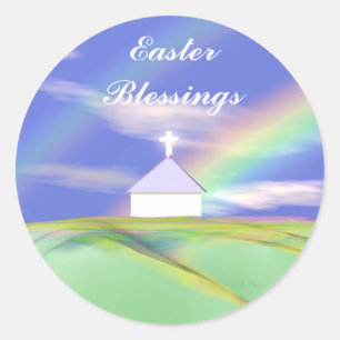 Easter Church and Rainbow Classic Round Sticker