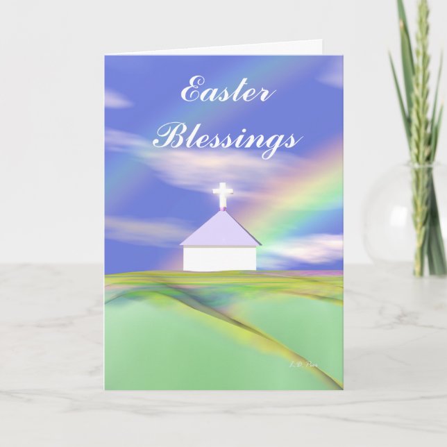 Easter Church and Rainbow Holiday Card (Front)